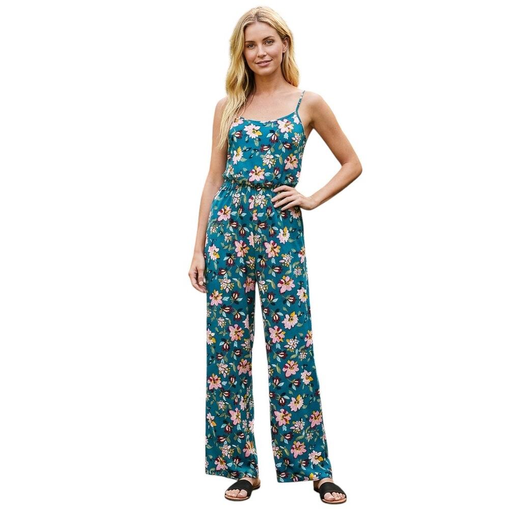 KINGSTON GREY Teal Womens Juniors Floral Print Wide Leg Jumpsuit, XXS